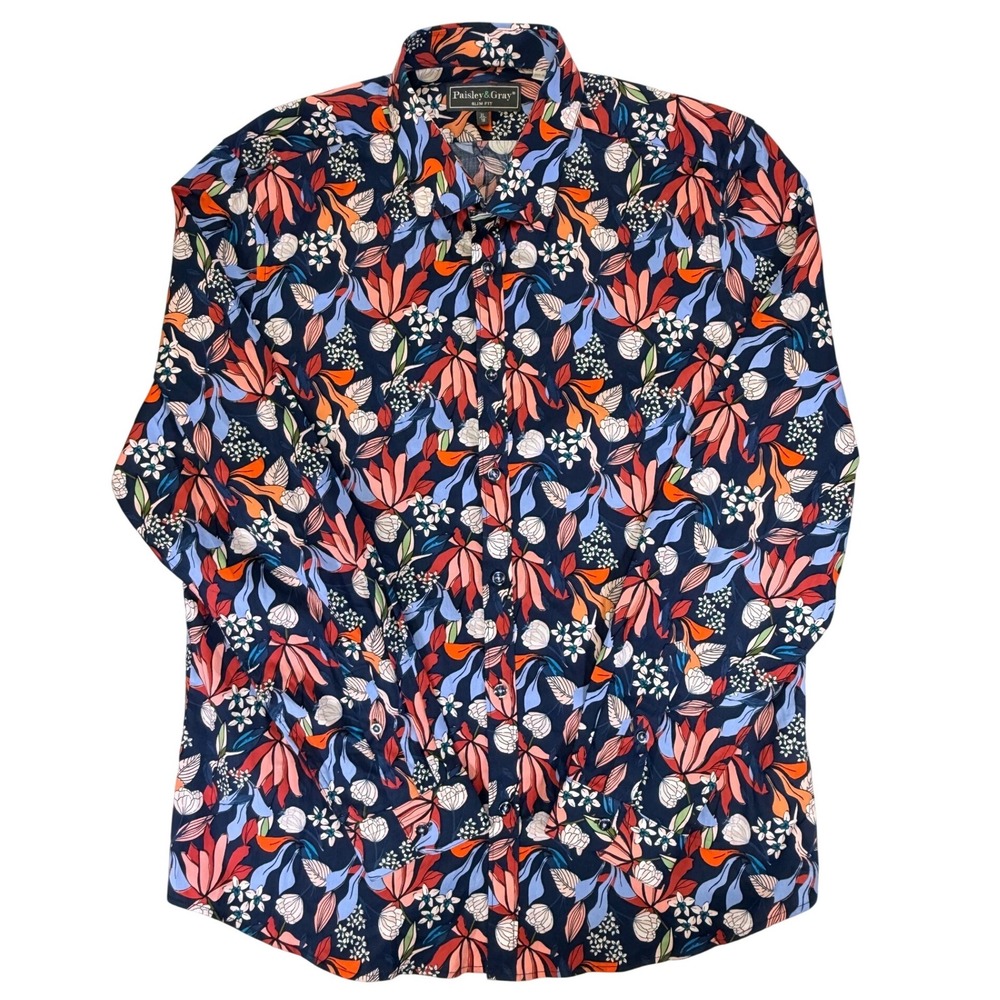 Paisley & Gray Slim Fit Floral Button Down Shirt Navy Coral XL 18 Long Sleeve
